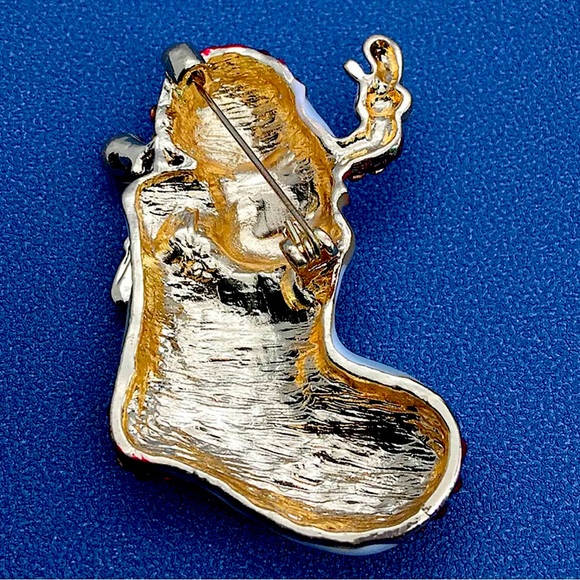Crystal Santa Stocking Delightful Red & Green Enamel Brooch - Picture 4 of 4